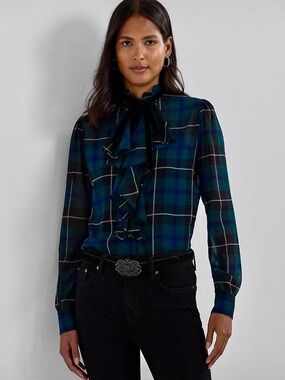 Lauren Ralph Lauren Women’s Plaid Ruffle Trim Georgette Blouse Size XS
